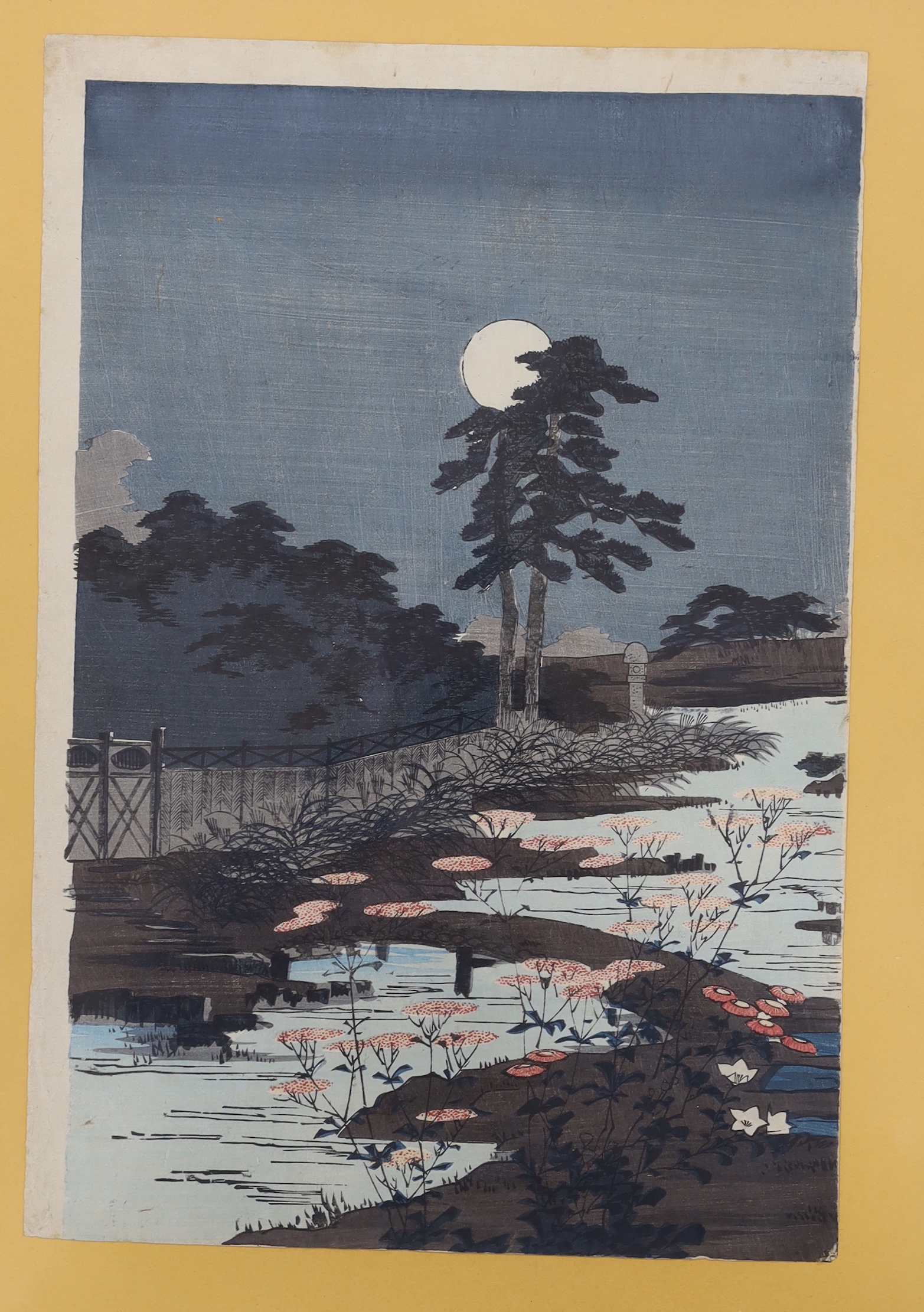 Five Japanese woodblock prints including one by Toyohara Chikanobu (1838-1912) 'Bridge over water' and four others, women wearing kimonos, each 37 x 25cm